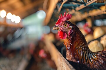 Sticker - A close-up view of a chicken confined to a small cage