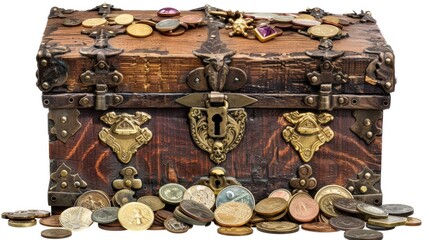 A weathered wooden treasure chest with ornate brass hinges and lock, overflowing with gold coins, precious gems, and ancient artifacts.