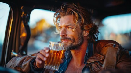 Man drinking alcohol while sitting in a car with thoughtful expression