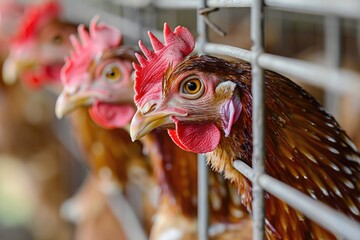 Wall Mural - Group of chickens standing together behind a farm or backyard fence