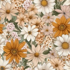 Wall Mural - Vintage Floral Pattern with Daisy and Orange Blossoms Texture