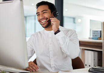 Aufkleber - Man, happy and reading in call center by computer, headphones or mic for telemarketing in office. Person, consultant and typing on pc for voip in workplace, smile or contact us for customer support