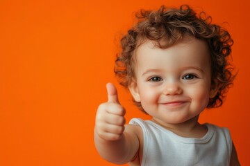 Adorable baby boy showing thumb up on orange background. Happy child with curly hair. A smiling toddler giving a thumbs up with generative ai