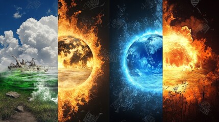 this image depicts the four elements encapsulated in celestial orbs - fire, water, air, and earth - 