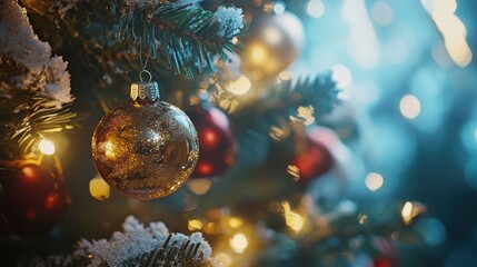 Wall Mural - A close up of a christmas tree with ornaments and lights, AI