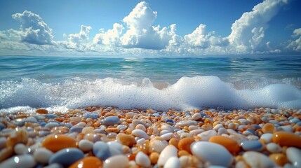 A close-up view of colorful pebbles on the beach being washed over by ocean waves, with a bright blue sky and white clouds in the background. The midday sun enhances the vivid colors.