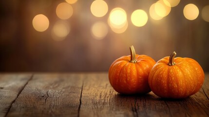 Canvas Print - Two small pumpkins sitting on a wooden table with lights in the background, AI