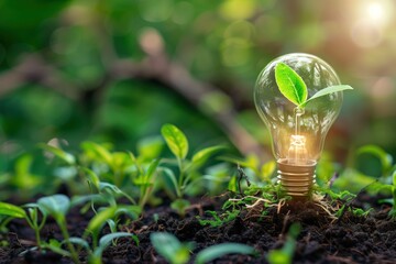 Light bulb with a small green leaf inside planted in soil. Concept of sustainable and renewable energy for environmental design