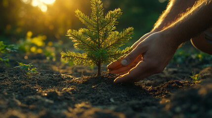 hands planting a fir tree sapling in the soil, bathed in warm sunlight. Symbolizes growth, renewal, and hope for the future, connecting humans with nature's nurturing cycle