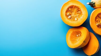 Poster - A group of pumpkins and squash on a blue background, AI