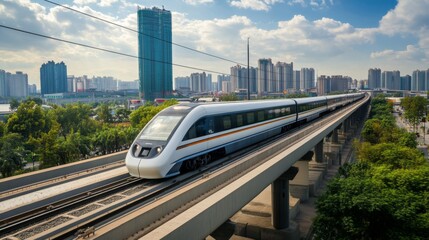Aufkleber - High-definition shot of a high-speed train on elevated tracks, emphasizing its sleek profile and the impressive infrastructure supporting its rapid transit.