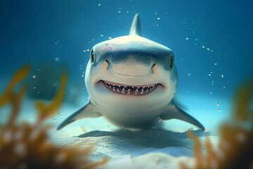 Baby shark smiling. Underwater photography of cute baby shark. Illustration AI, Generative AI