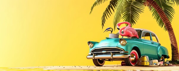 turquoise blue retro car with pink flamingo and summer travel accessories under the palm tree on yel