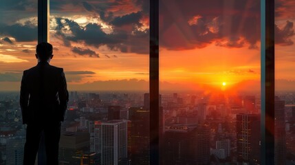 Urban sunset, businessman by window, city view, business concept, panoramic background.