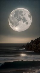Wall Mural - A moonlit night over the ocean with a giant, glowing full moon casting silver light on the gentle waves