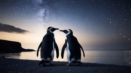 Wall Mural - two penguins on beach, sunset scene