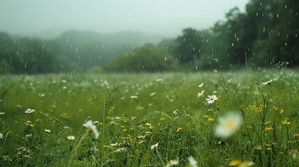 A field of wildflowers with rain falling.