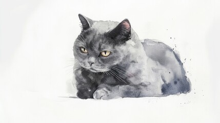 Wall Mural - Plump gray cat illustrated in watercolor set against a white background