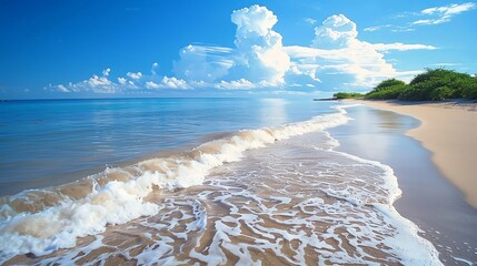 Wall Mural - A beautiful beach scene with white sand and clear blue water.