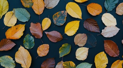 Canvas Print - A bunch of different colored leaves are laying on a table, AI