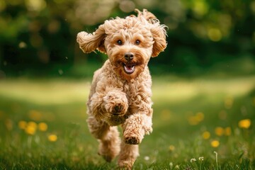 Wall Mural - A happy dog running in the grass with a frisbee in its mouth, great for outdoor or pet-related uses