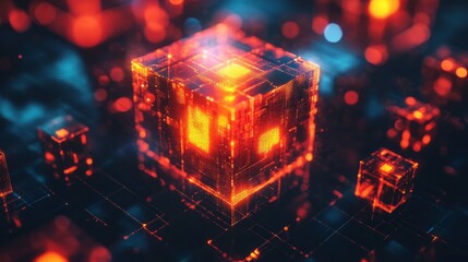 The art of abstract effects. Glare cubes. Digital CPU signal. Shine grid. Modern big data. Neon flares. Quantum computer networks. Magic code. Web device. Blocks system