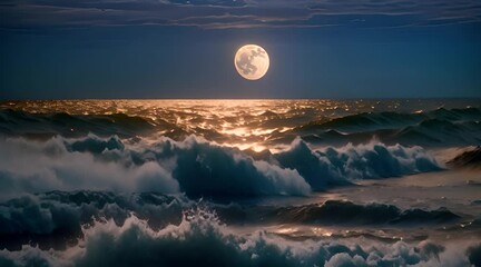 a moonlit night over the ocean with a giant, glowing full moon casting silver light on the gentle wa