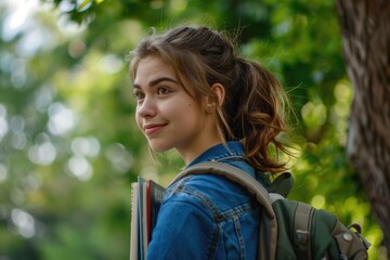 A young girl carrying a backpack and holding a book, ready for an adventure or study