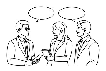 single line vector illustration two businessmen and businesswoman in dialogue with speech bubble art