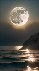 Wall Mural - A moonlit night over the ocean with a giant, glowing full moon casting silver light on the gentle waves