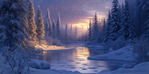 Wall Mural - Snow-covered forest at sunset, frozen river.