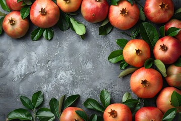 Wall Mural - Fresh Pomegranate Background with Green Leaves - Perfect for Food Photography, Nature Displays, and Organic Product Designs