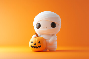 Wall Mural - 3d render of cute mummy halloween character figurine holding pumpkin on solid orange background