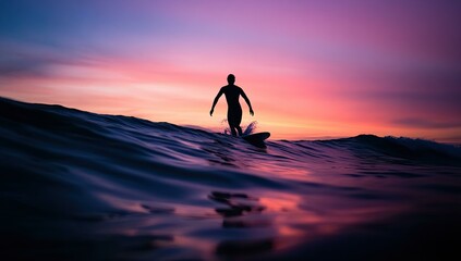 Wall Mural - Silhouette surfer rides a wave at sunset.