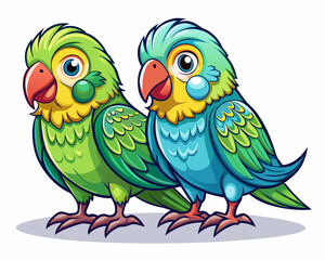 cartoon vector illustration of two funny parakeet, white isolated background, tropical birds