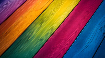 Bright, vibrant wooden planks arranged diagonally in rainbow colors creating a colorful background with visible wood grain texture, Copy Space