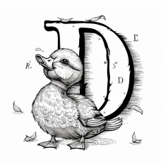 Alphabet letter D for cute dog on white background. A whimsical illustration of a duck intertwined with stylized letters