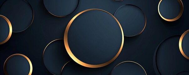 Wall Mural - Abstract dark blue and gold circle shapes background with shiny gold lines element. Luxury and elegant geometric shapes texture  with shadow. Modern horizontal template, Generative AI