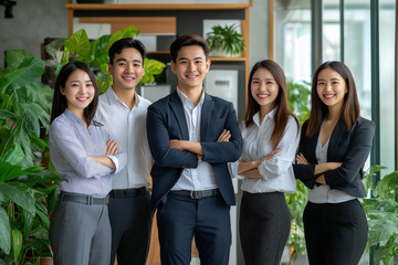 Group of happy Asian marketing team standing in office. Person, Team work and occupation concept