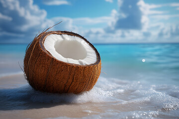 Close up of coconut over summer beach background