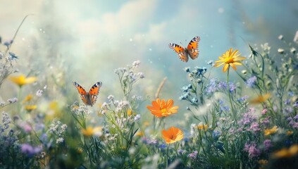 Wall Mural - Butterflies flutter amongst blooming wildflowers.