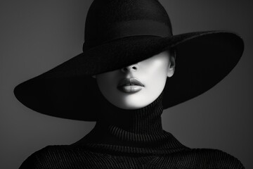 black and white portrait of a model wearing a black turtleneck sweater, with a hat covering their fa