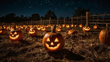 Canvas Print - halloween jack o lantern in the garden with pumpkins sky dark haunted background