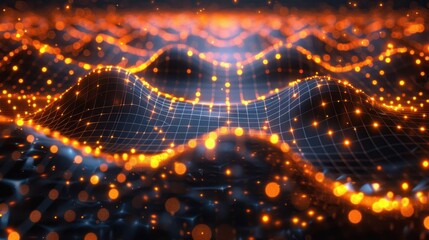 Wall Mural - Abstract Digital Landscape with Glowing Orange Nodes on Dark Background