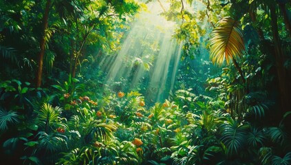 Sticker - Sunlight beams through lush jungle foliage.