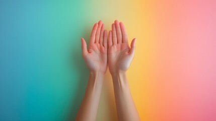 Hands reaching upwards against a colorful gradient background