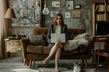 Her poised professional stance elegant modern office setting. She wears confident expression embodying essence of professional elegance. Home Office Setup Affecting Work Efficiency.