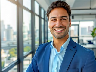 Businessman in a blue suit, smiling at the camera, close-up portrait against a modern office interior and cityscape view, copy space on the right.