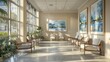 © Aventurine - Watercolor hospital waiting room with comfortable chairs and calming artwork.