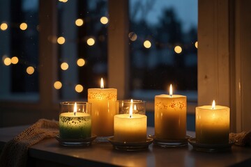 Beautiful burning candles and fairy lights on windowsill indoors